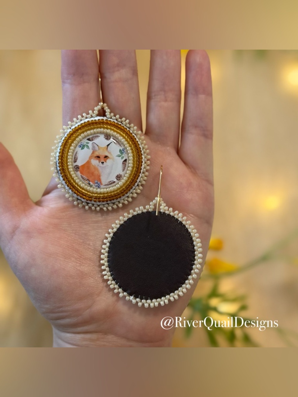 Handmade Beaded Fox Earrings: Cream, Gold, Brown. Native Made Indigenous Art - Picture 2 of 2